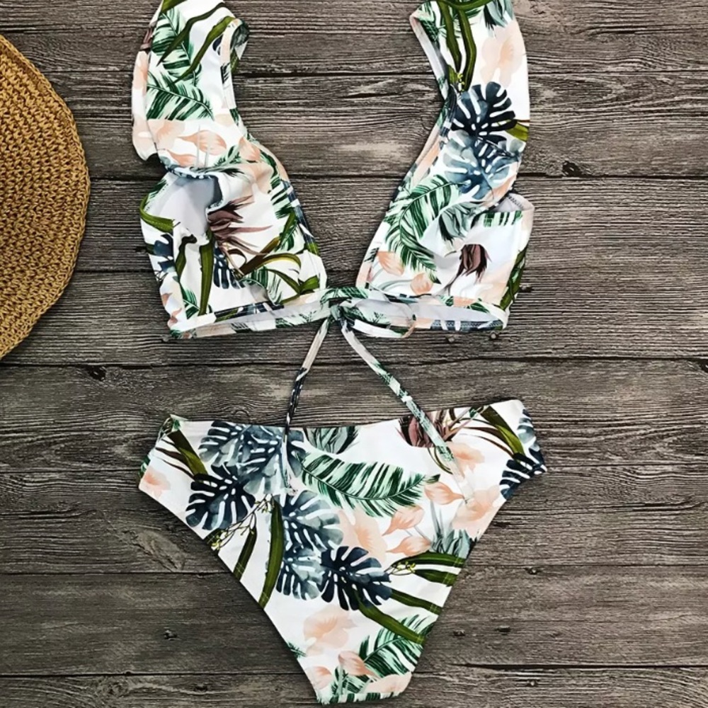 SOLD OUT CLEARANCE Palm Ruffle High Waist Tropical Monstera Bikini - Picture 7 of 7